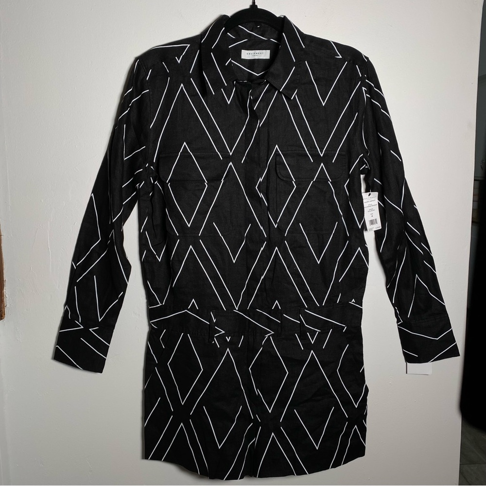 Equipment Femme Valerie Linen Black & White Short Playsuit Romper Geometric,